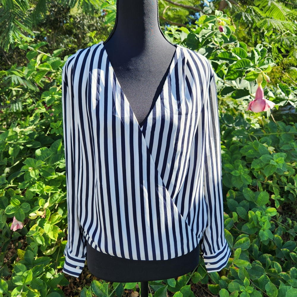 H&M Navy and White Striped V-Neck Wrap Blouse
